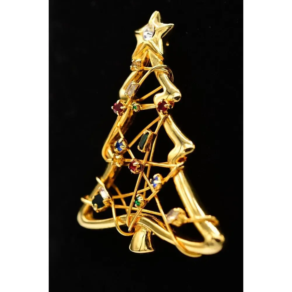Vintage Christmas Tree Pin Brooch Rhinestone Crystal Wired Gold Holiday BinAP